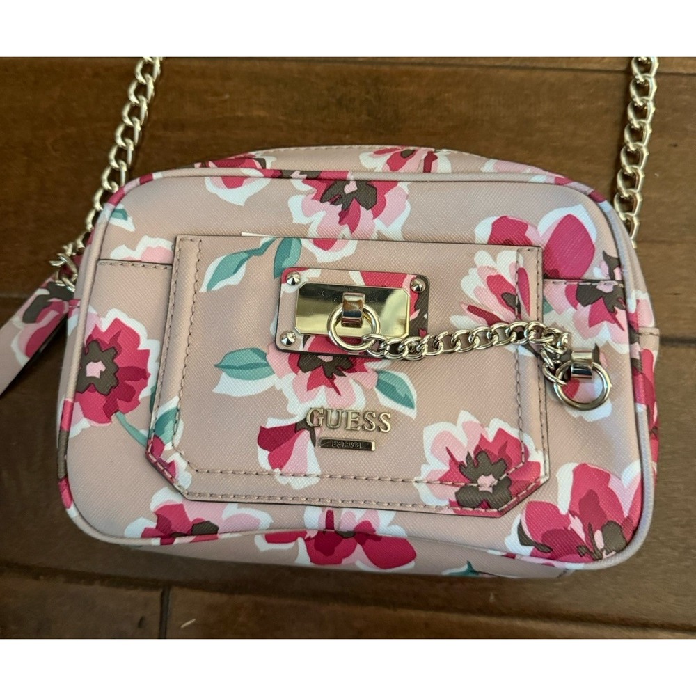 GUESS Floral Print Small Crossbody Bag Beige Gold Logo Braided Handle EUC